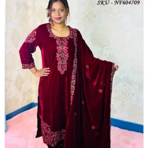 Velvet Applique Cut Work All-Over Suit – 3-Piece Set for Women