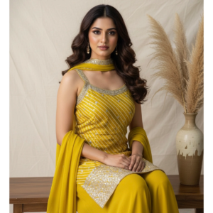 Radiant Yellow Georgette Printed Peplum Top with Flared Sharara Set