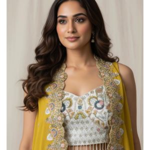 Cream Chiffon Hand-Touch Crop Top with Contrast Mustard Cape Set