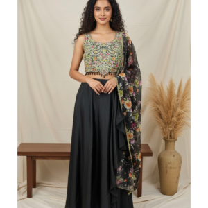 Black Chiffon Crop Top with Floral Cape & Hand Touch Resham Work