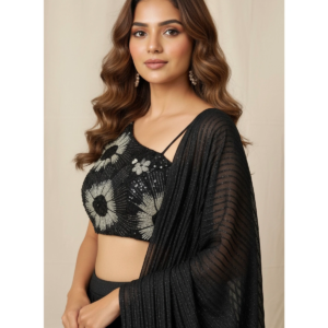 Black Lycra Shimmer Drape Saree with Pearl Handwork Crop Top