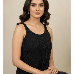 Black Georgette Peplum Sharara Set with Pearl Handwork