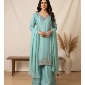 Woman wearing Teal Blue Chikankari Handwork Sharara Suit Nepal standing in a studio setting.