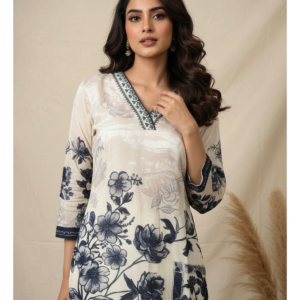 Blue Floral Crepe Printed Suit Set