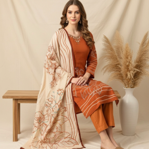 Full-body view of Crepe Bead Work Suit showing bead detail