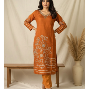 Full-body view of Crepe Bead Work Suit showing bead detail