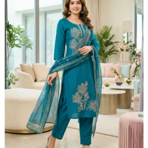 Detail of floral gold sequins and embroidery on teal Roman Silk Suit Gold Handwork kurta.