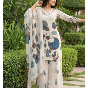 Digital Print Palazzo Set Light Beige kurti neckline and fabric detail