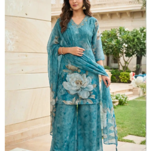 Digital Print Palazzo Set blue kurti fabric and print detail