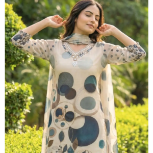 Digital Print Palazzo Set Light Beige kurti neckline and fabric detail