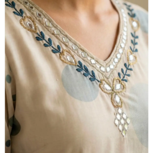 Digital Print Palazzo Set Light Beige kurti neckline and fabric detail