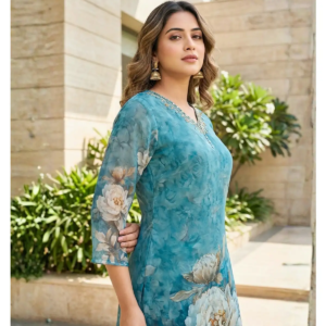 Digital Print Palazzo Set blue kurti fabric and print detail