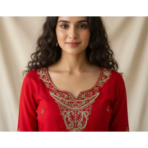 Close-up of Raw Silk Neckline Suit showing embroidery