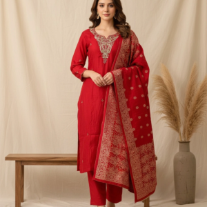 Full-body view of Raw Silk Neckline Suit for women