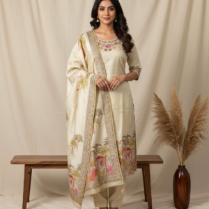 Tussar Silk Handwork & 3D Art Suit Set